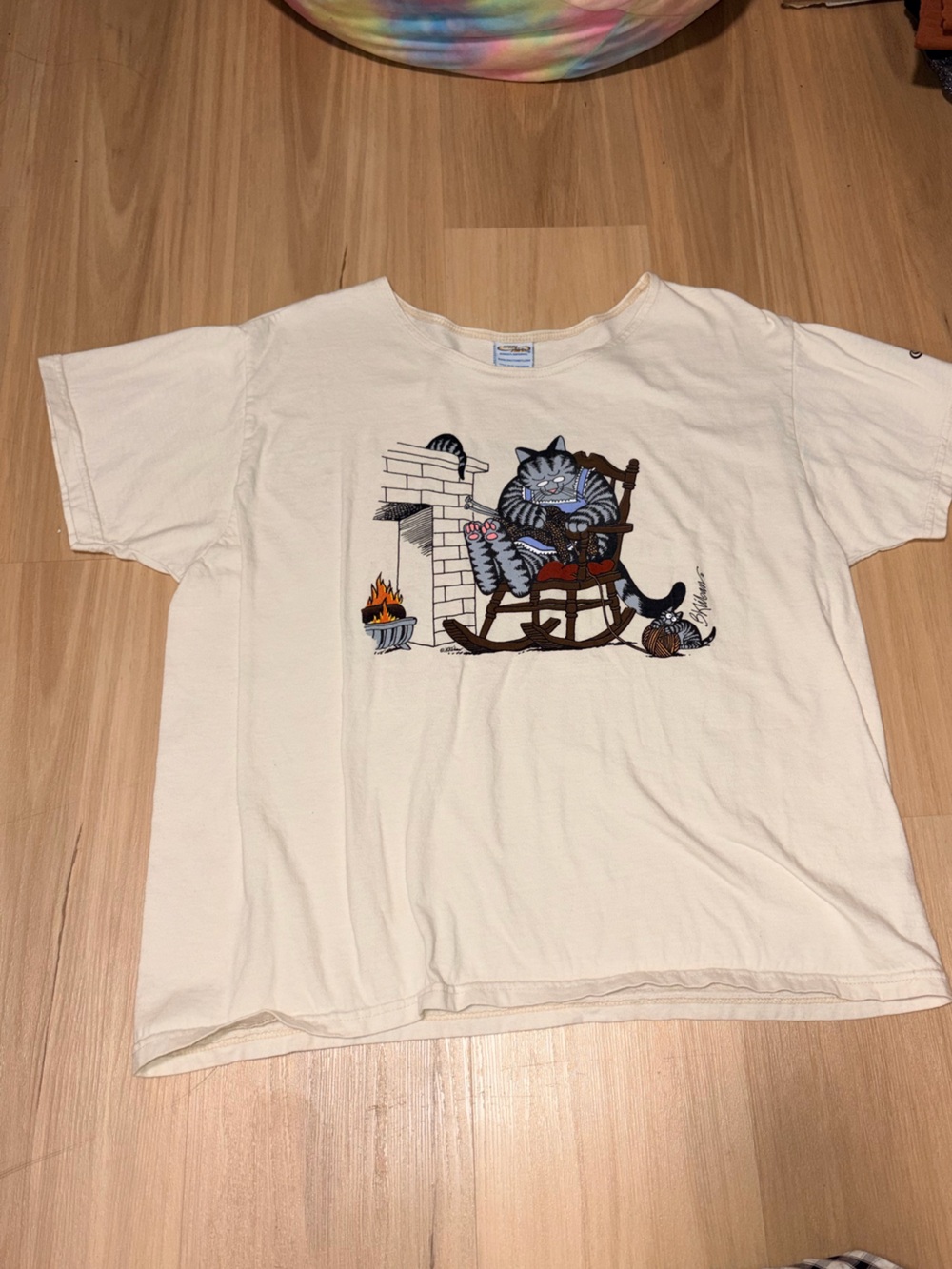 Kids Cream Graphic Tee with Cat Fireplace Illustration